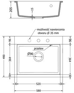 MEXEN/S - Oscar granitový dřez 580 x 490 mm, šedá, černý sifon 6519581000-71-B