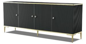 Komoda PETRA 182 cm 4D BLACK MATT se zlatými kovovými nožičkami Příborník MDF 4 dvířka Vysoká skříňka s otevřenými policemi Bufet s frézovanými čely a boky