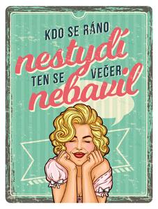 Plechová cedule: Kdo se ráno nestydí, ten se večer nebavil - 30x40 cm