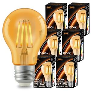 6x LED žárovka E27 a60 8W 880lm 3000k teplá jantarová sada s vláknem