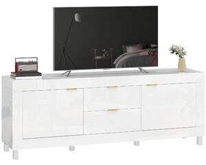 HOMCOM nízký TV stolek pro TV až do 75" – 180 × 40 × 66 cm, bílý vysoký lesk, 2 dvířka s tlumeným dovřením, kabelové vedení a 2 zásuvky | Aosom