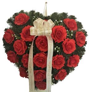 Smuteční věnec srdce 55cm x 55cm s Růžemi se stuhou červená umělý