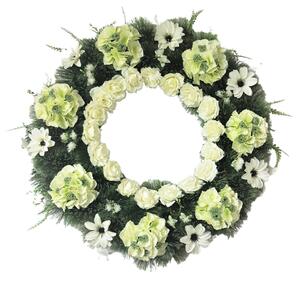 Smuteční věnec borovicový O 80cm Hortenzie & Růže & Dahlie & Doplňky zelená & krémová umělý