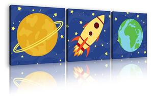 Obraz na plátně: Planety a raketa - set 3ks 25x25cm