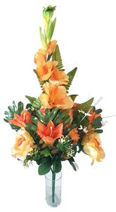 Luxusní kytice plochá růže, lilie, gladiola a doplňky 70cm oranžová a žlutá