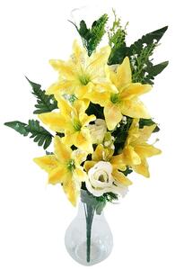 Umělá kytice plochá růže, lilie a doplňky x18 74cm x 35cm žlutá