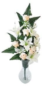 Umělá kytice plochá růže, lilie a doplňky x18 74cm x 35cm krémová a růžová