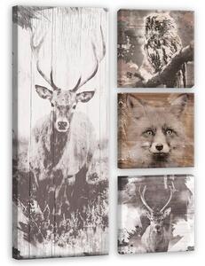 Obraz na plátně: Zvířata v lese - set 1ks 80x30 cm a 3ks 25,8x24,8 cm