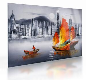 Skleněný obraz - Victoria Harbor, Hong Kong, černobílá olejomalba (70x50 cm)