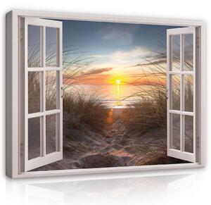 Obraz na plátně: 3D Effect Window Sunset Beach - 80x60 cm