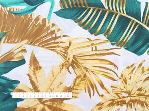 Bavlněná látka/plátno Sandra SA-245 Zelené a zlaté tropické listy - šířka 160 cm