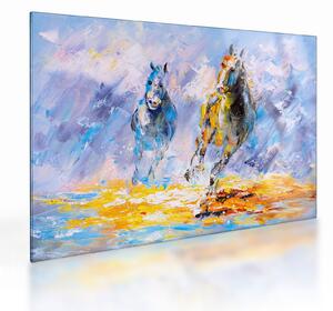 Skleněný obraz běžících koňů, olejomalba (70x50 cm)