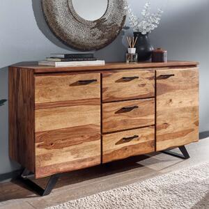 FineBuy Píborník z masivního deva sheesham 145 cm, 2 dvíka a 3 zásuvky – masivní retro komoda s okraji deva – designový pírodní píborník – runí výroba v industriálním stylu