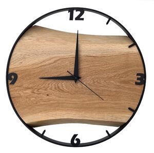 Dřevěné hodiny -35cm, přírodní dřevo - dub, černý kovový rám (35B1)