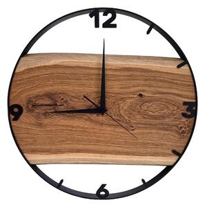 Dřevěné hodiny -55cm, přírodní dřevo - dub, černý kovový rám (55A7)