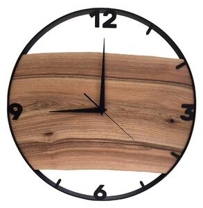 Dřevěné hodiny -55cm, přírodní dřevo - ořech, černý kovový rám (55A1)