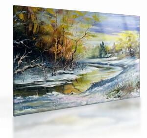 Skleněný obraz zimní řeky, olejomalba (70x50 cm)