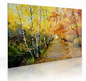 Skleněný obraz - Romantická alej podél vody, olejomalba (70x50 cm)