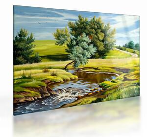 Skleněný obraz - Řeka mezi loukami, olejomalba (70x50 cm)
