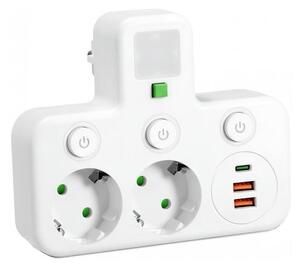 Rozbočovací zásuvka s vyp a LED osvět LINEA 2Z + 3xUSB A/C SCHUKO 4000K bílá