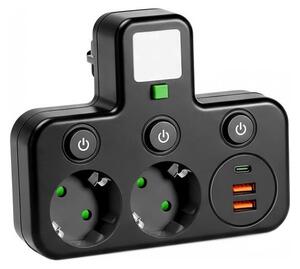 Rozbočovací zásuvka s vyp a LED osvět LINEA 2Z + 3xUSB A/C SCHUKO 4000K černá