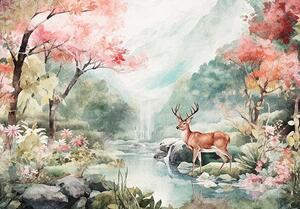 Fototapeta vliesová: Landscape Painted Forest Deer - 312x219cm