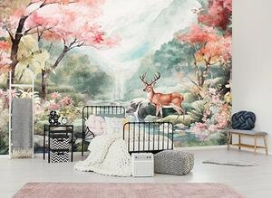 Fototapeta vliesová: Landscape Painted Forest Deer - 312x219cm
