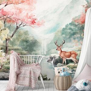 Fototapeta vliesová: Landscape Painted Forest Deer - 312x219cm