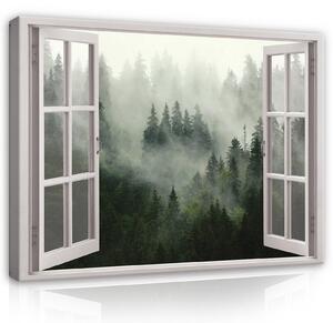 Obraz na plátně: Window - forest in the fog - 80x60 cm