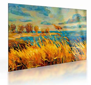 Skleněný obraz - Západající slunce nad jezerem, akrylová malba (70x50 cm)