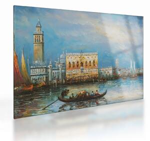 Skleněný obraz - Gondola projíždějící Benátkami, olejomalba (70x50 cm)