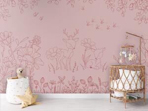 FUGU Dětská tapeta Srnky a květiny tmavě růžová – Deer Doodles Pink Dark Materiál: Digitální eko vlies - klasická tapeta nesamolepicí
