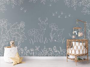 FUGU Dětská tapeta Srnky a květiny modrá – Deer Doodles Blue Materiál: Digitální eko vlies - klasická tapeta nesamolepicí