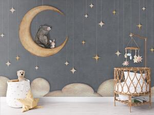 FUGU Dětská tapeta Medvídek na měsíci a hvězdy – Bear on the Moon Blue Materiál: Digitální eko vlies - klasická tapeta nesamolepicí