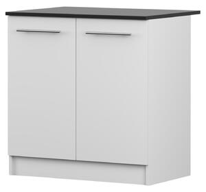 Spodní skříňka INEZ III, kuchyň, dvoudveřová kuchyňská skříňka 80 cm, bílá/černá, se dvěma křídlovými dvířky a stříbrnými kovovými úchytkami