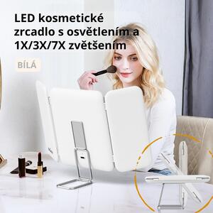 LED kosmetické zrcadlo s osvětlením a 1X/3X/7X zvětšením – dotykové ovládání, skládací trojkřídlé zrcadlo – stolní i cestovní – bílá