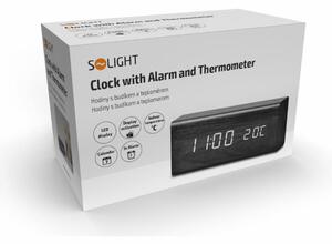 Solight hodiny s budíkem, bílé LED podsvícení, tři budíky, nastavitelná intenzita podsvícení, teploměr, dekor: černé dřevo CA01B