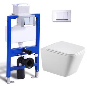Kompletní sada předstěnových klozetových prvků - 82cm skrytá splachovací nádržka + závěsný klozet bez okrajů + obdélníková chromovaná tlačná deska HOROW