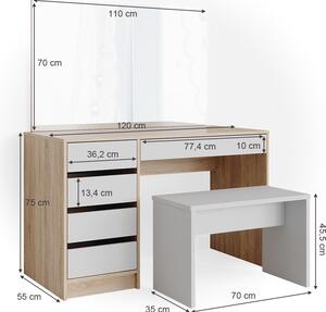 Toaletní stolek Vicco Sherry Bílá/Sonoma 120 cm s lavičkou, Model 36882
