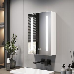 Zrcadlová skříňka EMKE s LED osvětlením 400 x 600 x 145 mm s ochranou proti zamlžení a 3 barvami stmívatelného světla, 1-dveřová koupelnová skříňka se zásuvkou a dotykovým spínačem