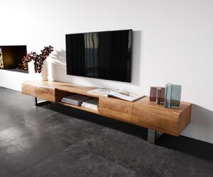 DELIFE TV stolek New Live-Edge 240 cm akácie přírodní 4 dvířka 1 přihrádka tenká podnož nerezová ocel broušená