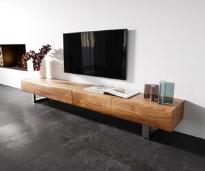 DELIFE TV stolek New Live-Edge 240 cm akácie přírodní 4 zásuvky tenká podnož nerezová ocel broušená