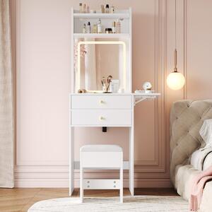Toaletní stolek Flieks Make-up stolek se skládací deskou, toaletní stolek s taburetem a zrcadlem s LED osvětlením, 50-75x45x156 cm, bílý