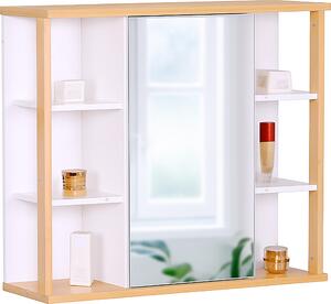 Zrcadlová skříňka Relaxdays, 6 polic, 2 vnitřní přihrádky, VxŠxH: 64 x 62 x 21 cm, montáž na zeď, závěsná koupelnová skříňka, bílá/přírodní