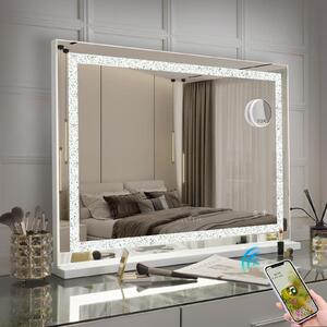 VANITII Hollywoodské kosmetické zrcadlo 80 cm x 58 cm s LED osvětlením 3 světelné režimy krystaly Bluetooth kosmetické zrcadlo do koupelny toaletní stolek Bílá