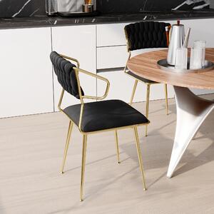 Sada 2 černých sametových jídelních židlí se vzorem želvoviny, zlaté kovové nohy, moderní, elegantní design