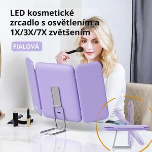 LED kosmetické zrcadlo s osvětlením a 1X/3X/7X zvětšením – dotykové ovládání, skládací trojkřídlé zrcadlo – stolní i cestovní – Fialová