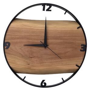 Dřevěné hodiny -35cm, přírodní dřevo - ořech, černý kovový rám (35B1)