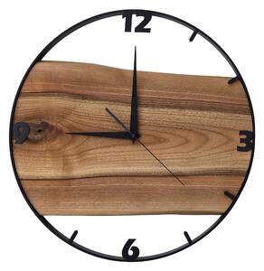 Dřevěné hodiny -45cm, přírodní dřevo - ořech, černý kovový rám (45B30)