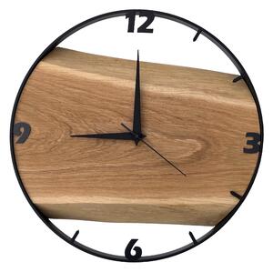Dřevěné hodiny -35cm, přírodní dřevo - dub, černý kovový rám (35B7)